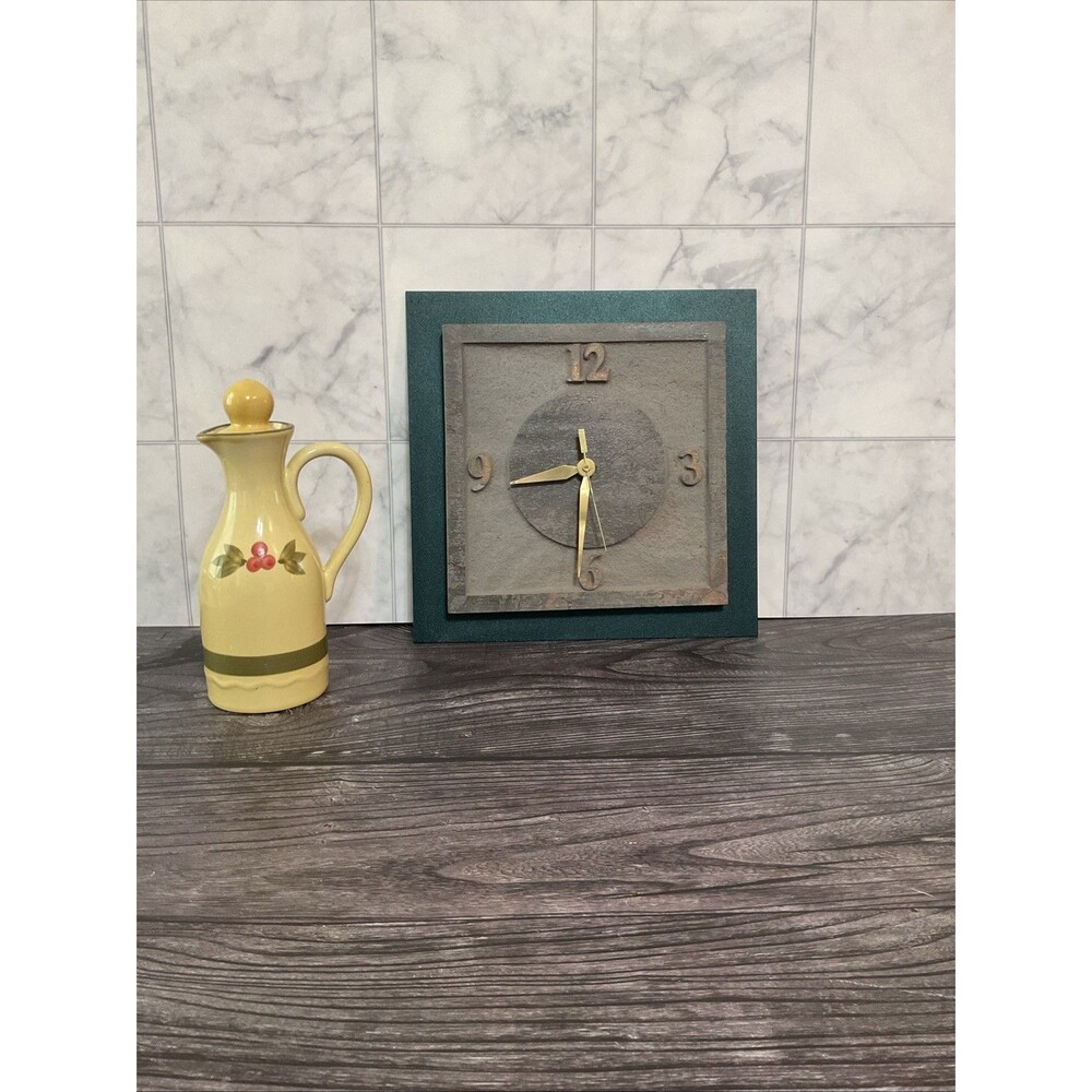 Rustic Slate,metal Clock W/ Green Border, Brownish Face,gold Brass Clock Hands